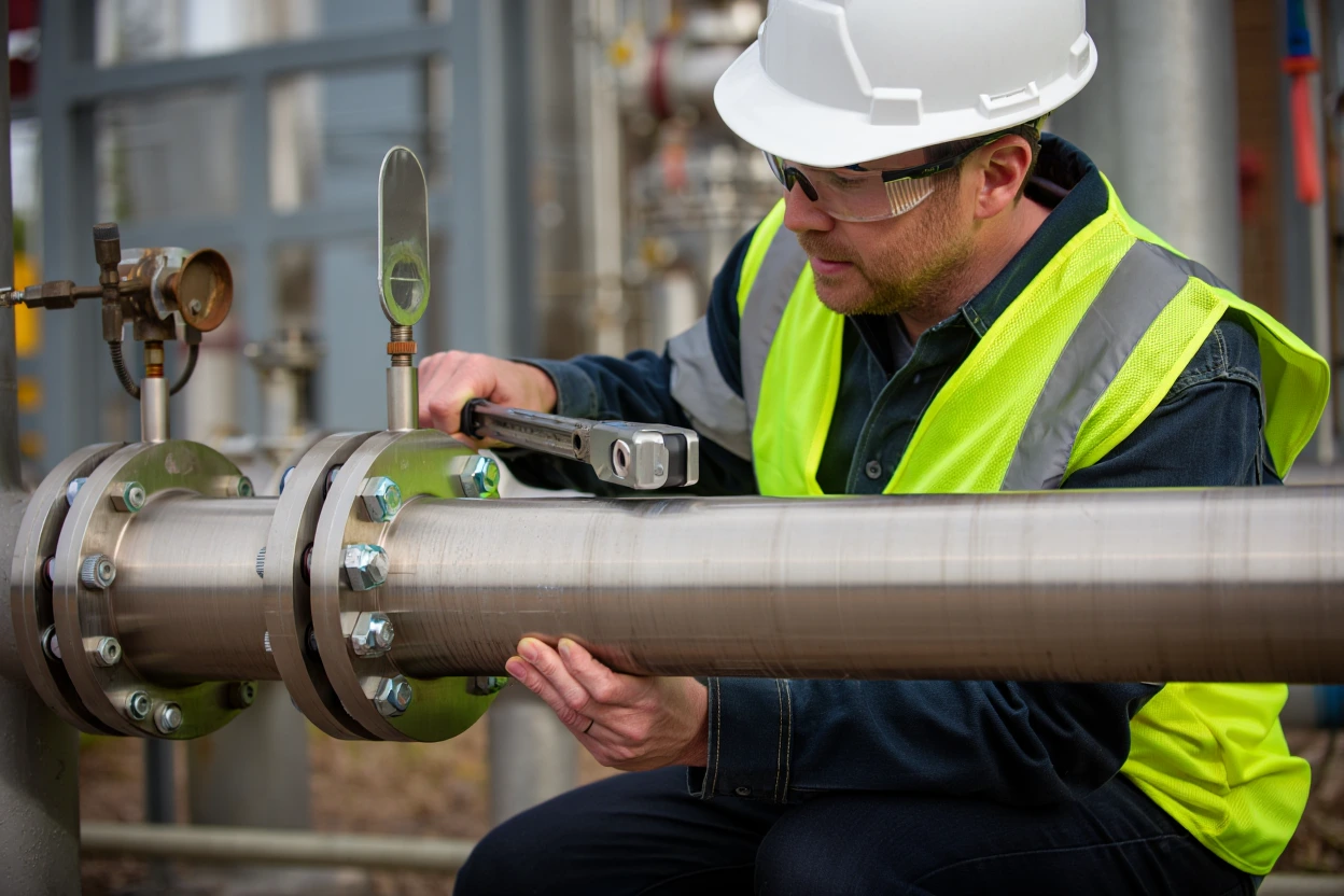 Engineer inspecting flow measurement assembly for dimensional accuracy and machining quality