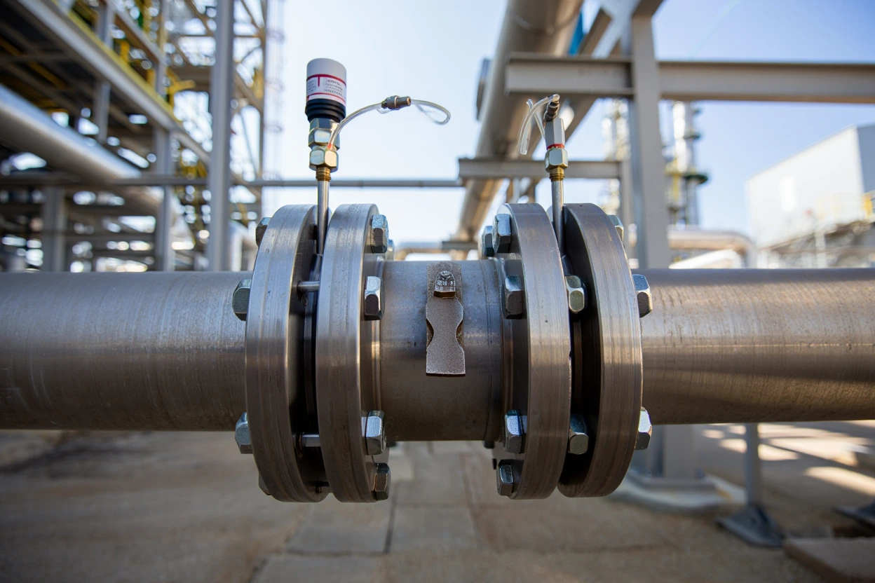Orifice Flange Union Installed in Pipeline Orifice flange union installed in refinery pipeline for differential pressure flow measurement