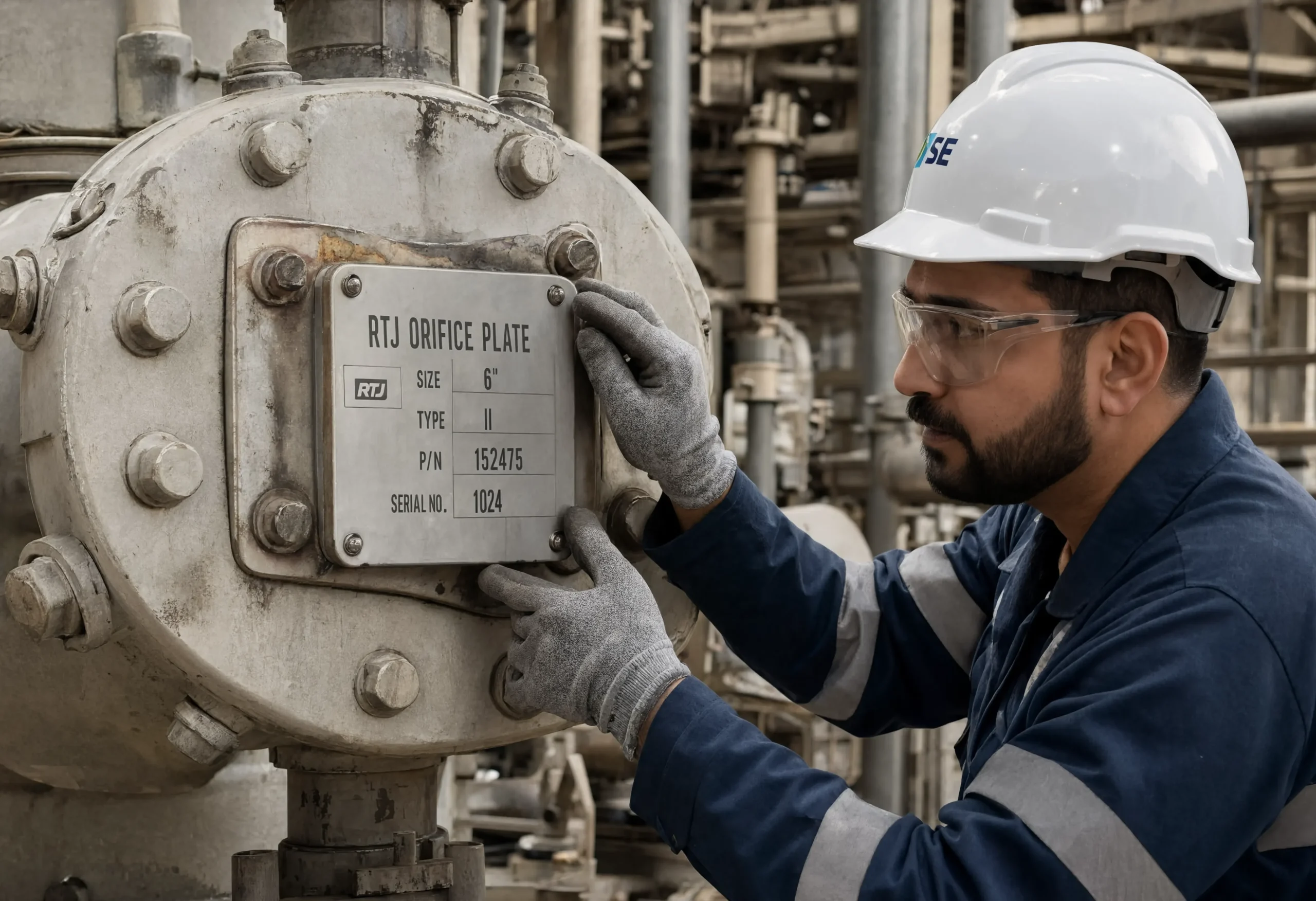 Engineer inspecting an orifice plate holder for beta ratio and flow measurement accuracy review