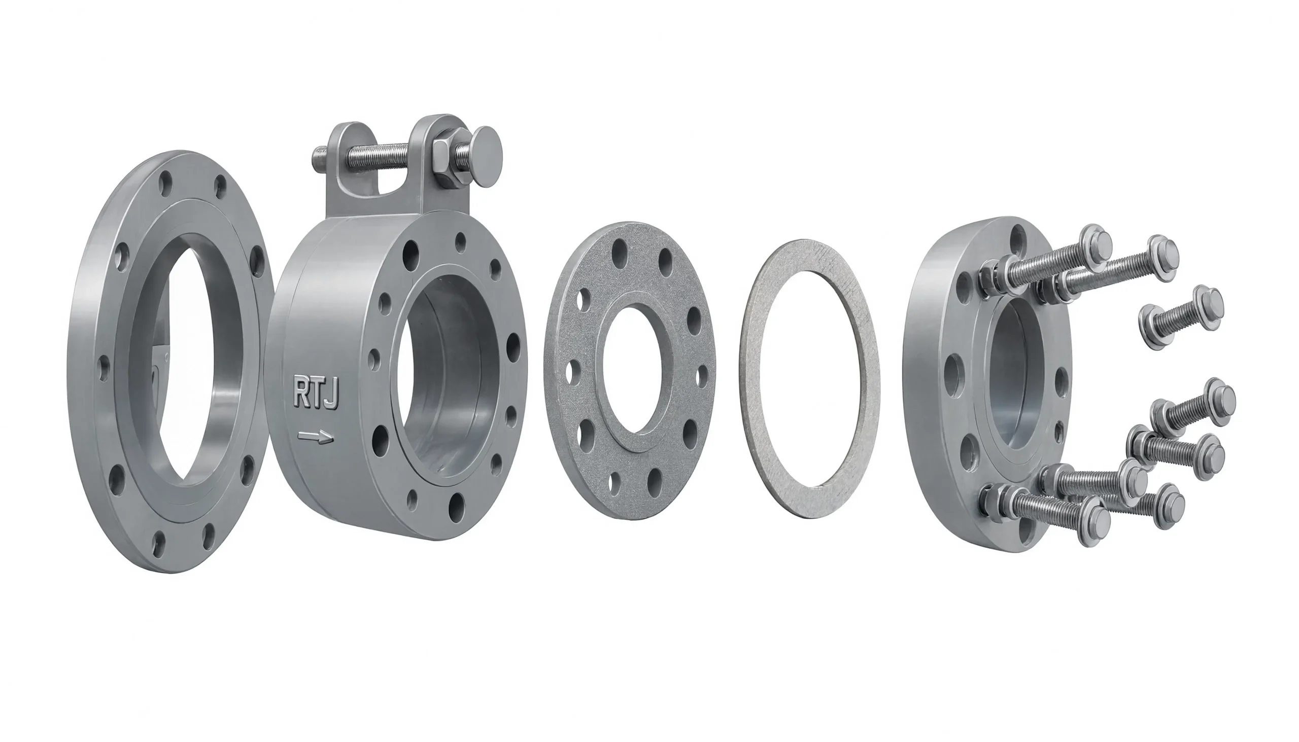 Exploded assembly view of RTJ plate holders and ring joint orifice flange components