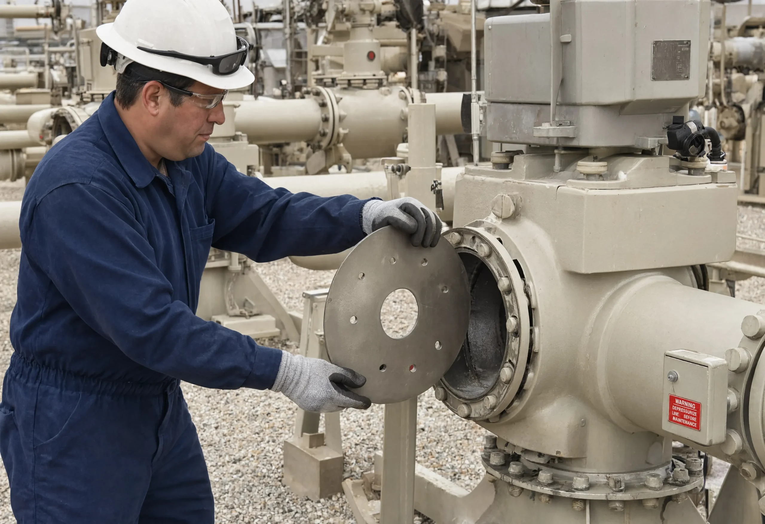 Worker replacing an orifice plate during flow measurement maintenance